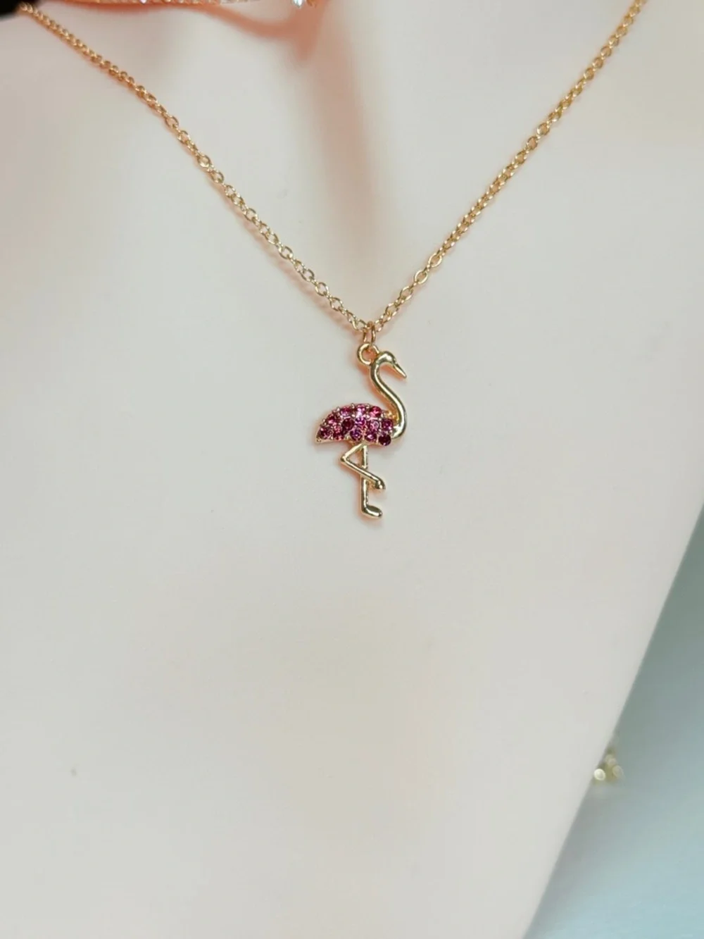 Gold Flamingo Pendant Necklace with Pink Crystal Accent